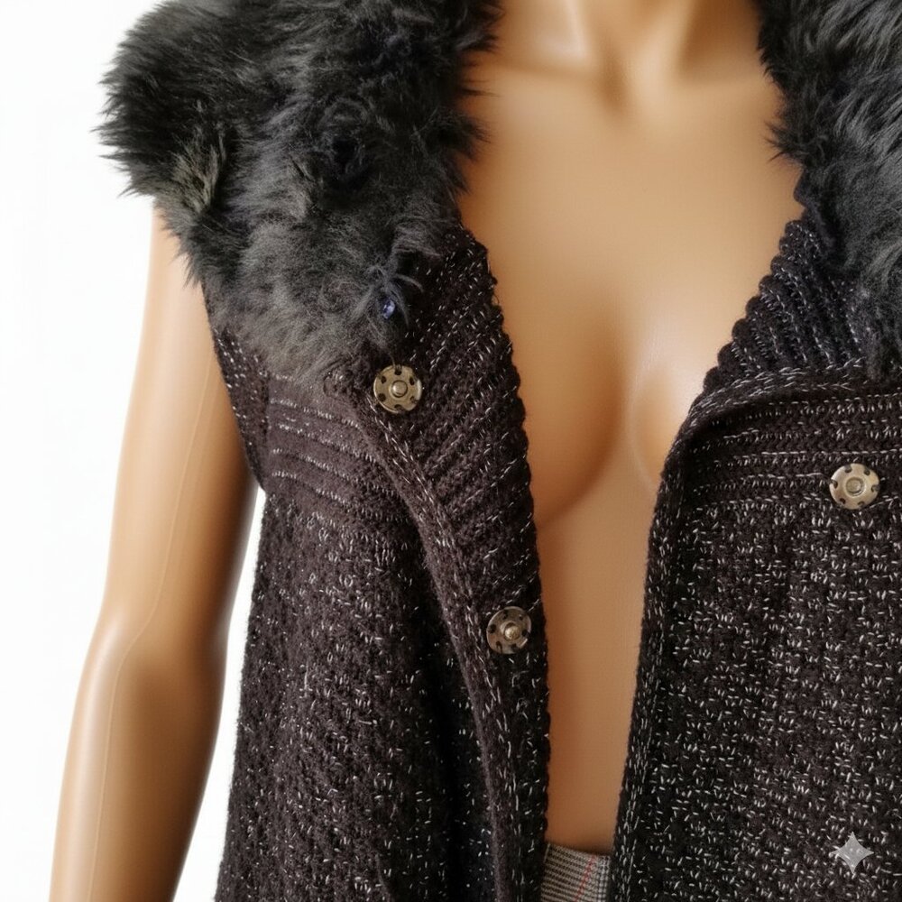 Style & Co Cardigan Sweater Black Silver Threading Removable Faux Trim Medium - Picture 6 of 9